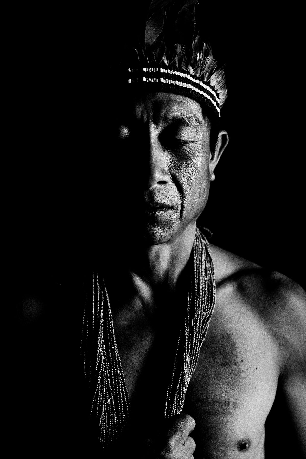 Eyes Closed Portrait of a Guajajara: Black and White Portrait Photography by Jean Tran and Élysée Lang